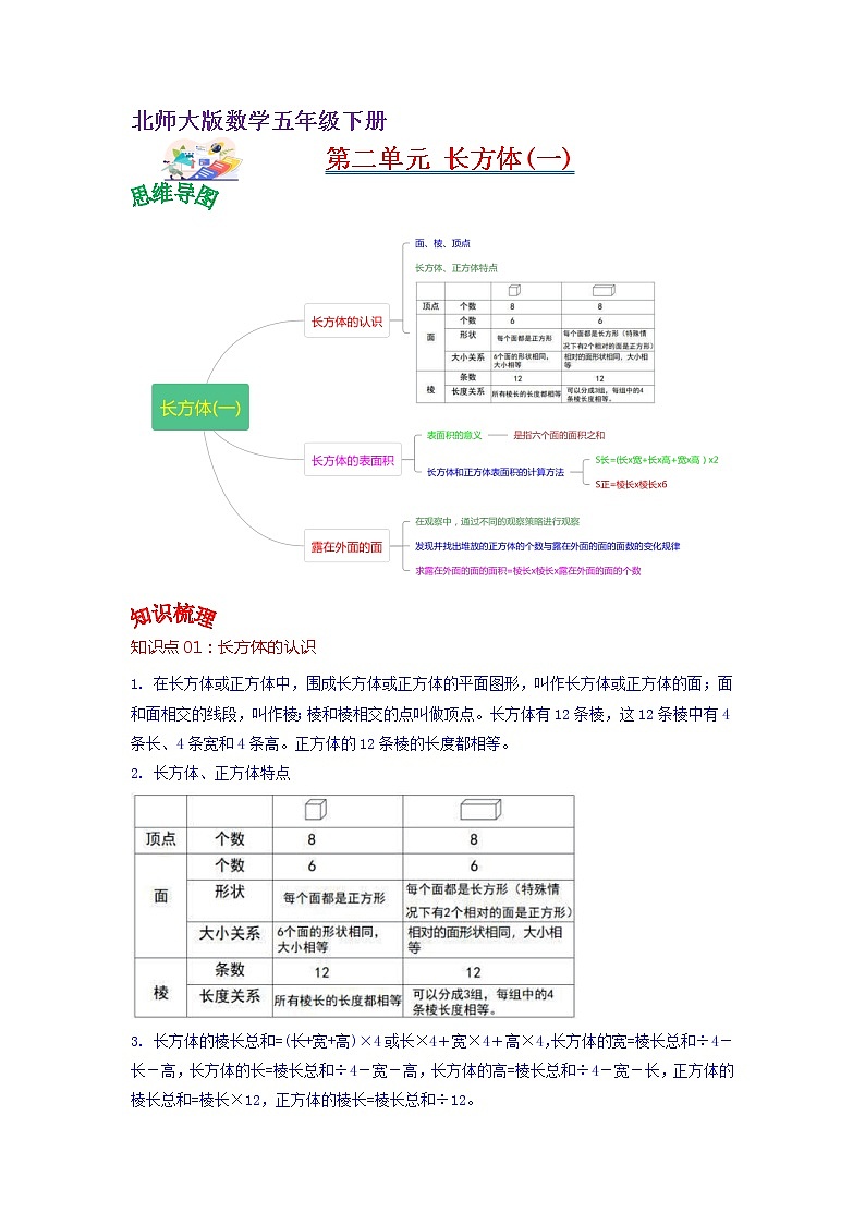 第二单元  长方体(一)（教师版）——2022-2023学年五年级下册数学北师大版知识点总结+练习学案第1页