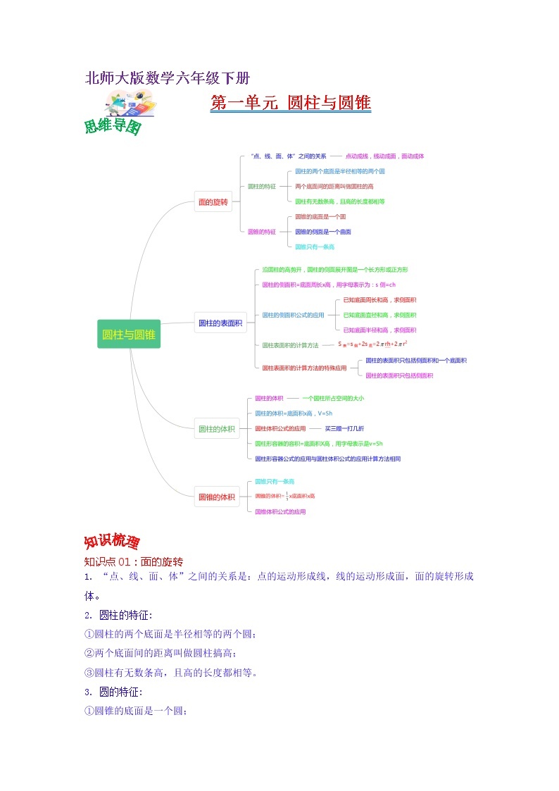 第一单元 圆柱与圆锥——2022-2023学年六年级下册数学北师大版知识点总结+练习学案（教师版+学生版）01