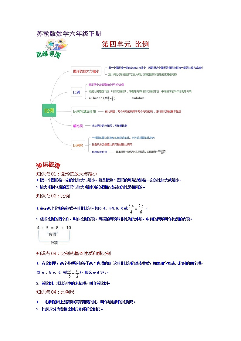 第四单元 比例——2022-2023学年六年级下册数学苏教版知识点总结+练习学案（教师版+学生版）01