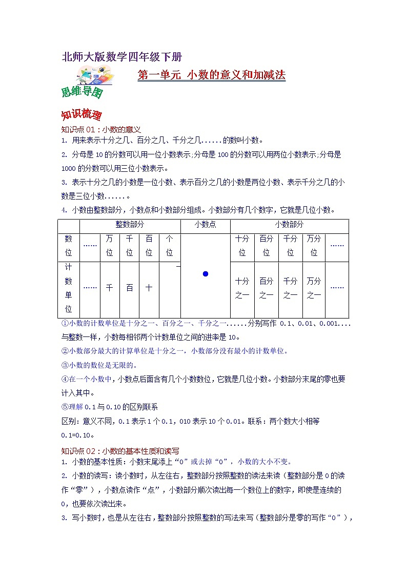 第一单元 小数的意义和加减法——2022-2023学年四年级下册数学北师大版知识点总结+练习学案（教师版+学生版）01