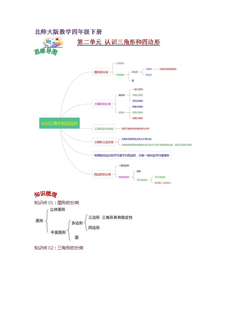 第二单元 认识三角形和四边形——2022-2023学年四年级下册数学北师大版知识点总结+练习学案（教师版+学生版）01