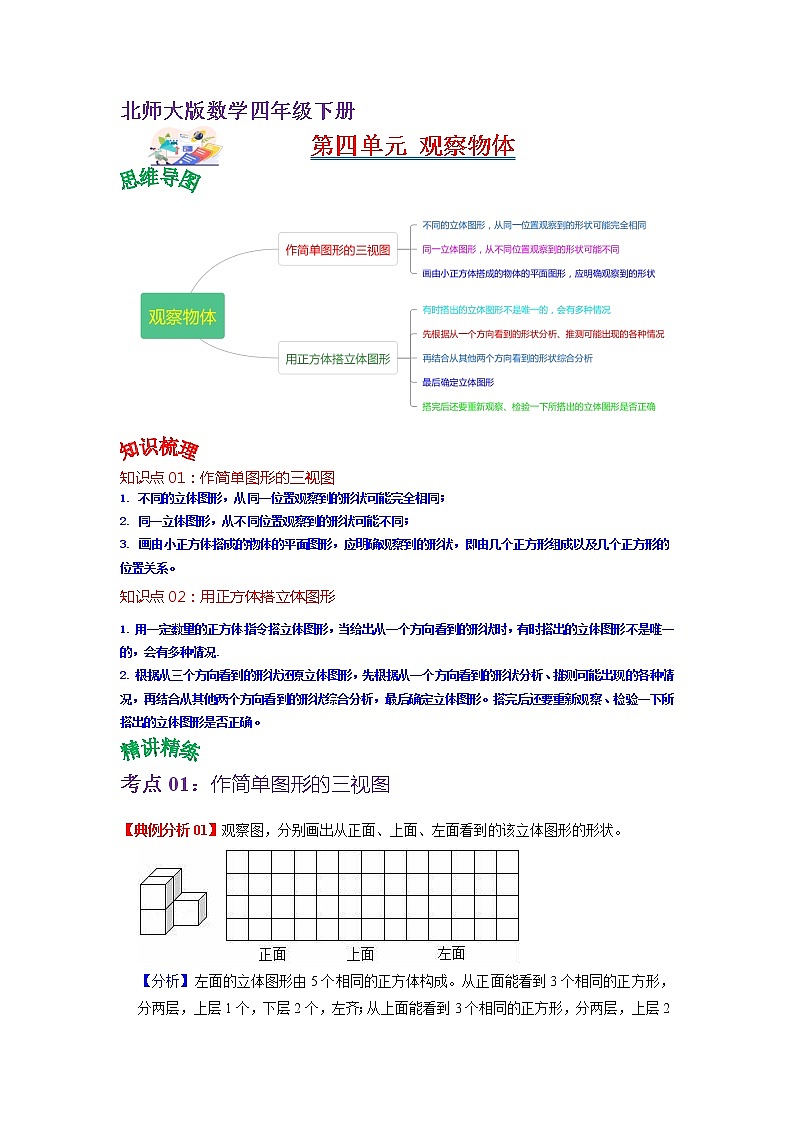 第四单元  观察物体（学生版）——2022-2023学年四年级下册数学北师大版知识点总结+练习学案第1页