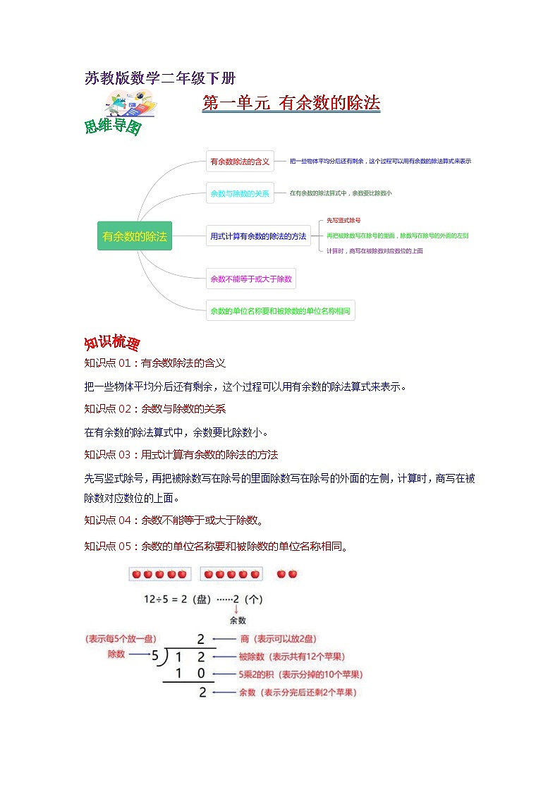 第一单元 有余数的除法——2022-2023学年二年级下册数学苏教版知识点总结+练习学案（教师版+学生版）01