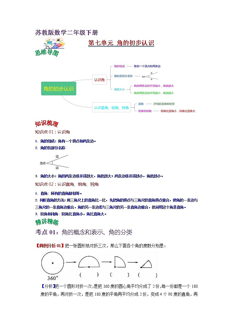 第七单元 角的初步认识——2022-2023学年二年级下册数学苏教版知识点总结+练习学案（教师版+学生版）01