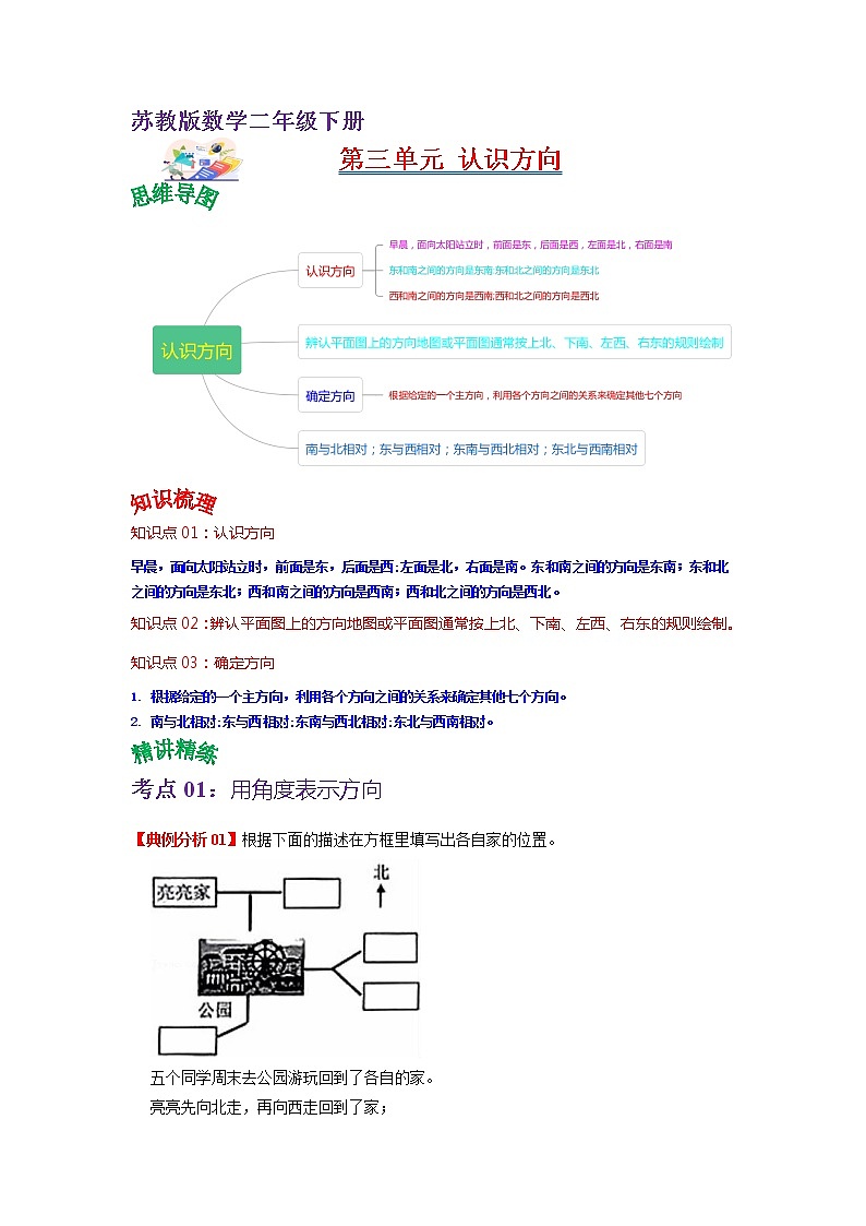 第三单元 认识方向——2022-2023学年二年级下册数学苏教版知识点总结+练习学案（教师版+学生版）01