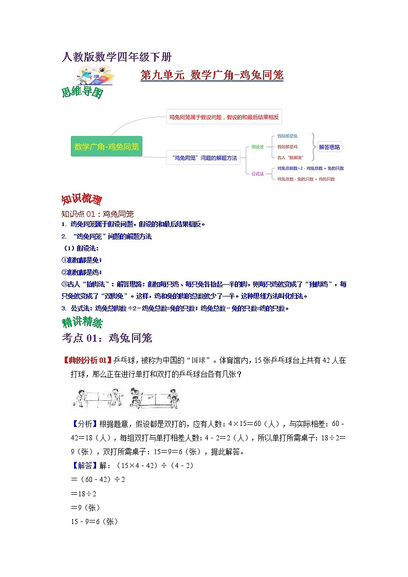 第九单元 数学人教版广角-鸡兔同笼——2022-2023学年四年级下册数学知识点总结+练习学案（教师版+学生版）01