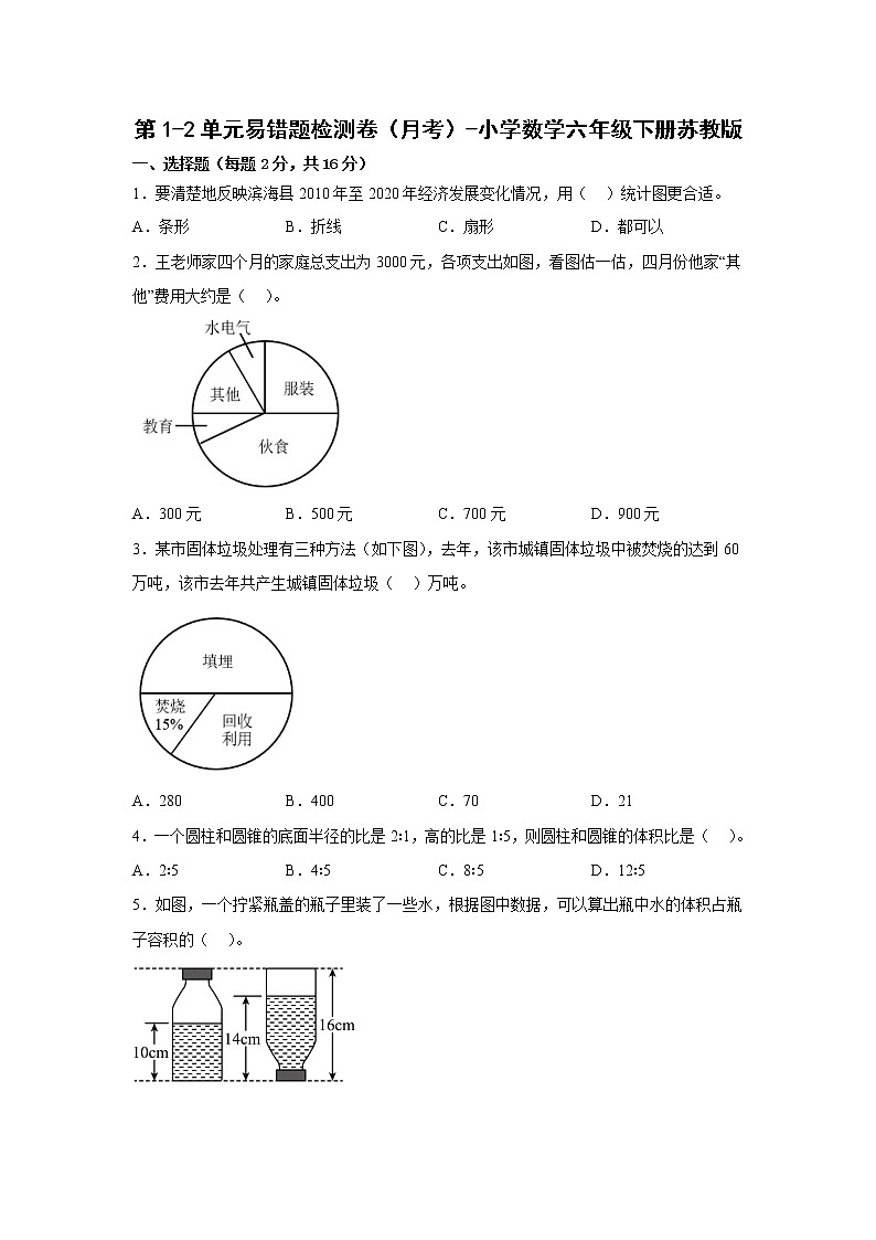 第1-2单元易错题检测卷（月考）-小学数学六年级下册苏教版第1页