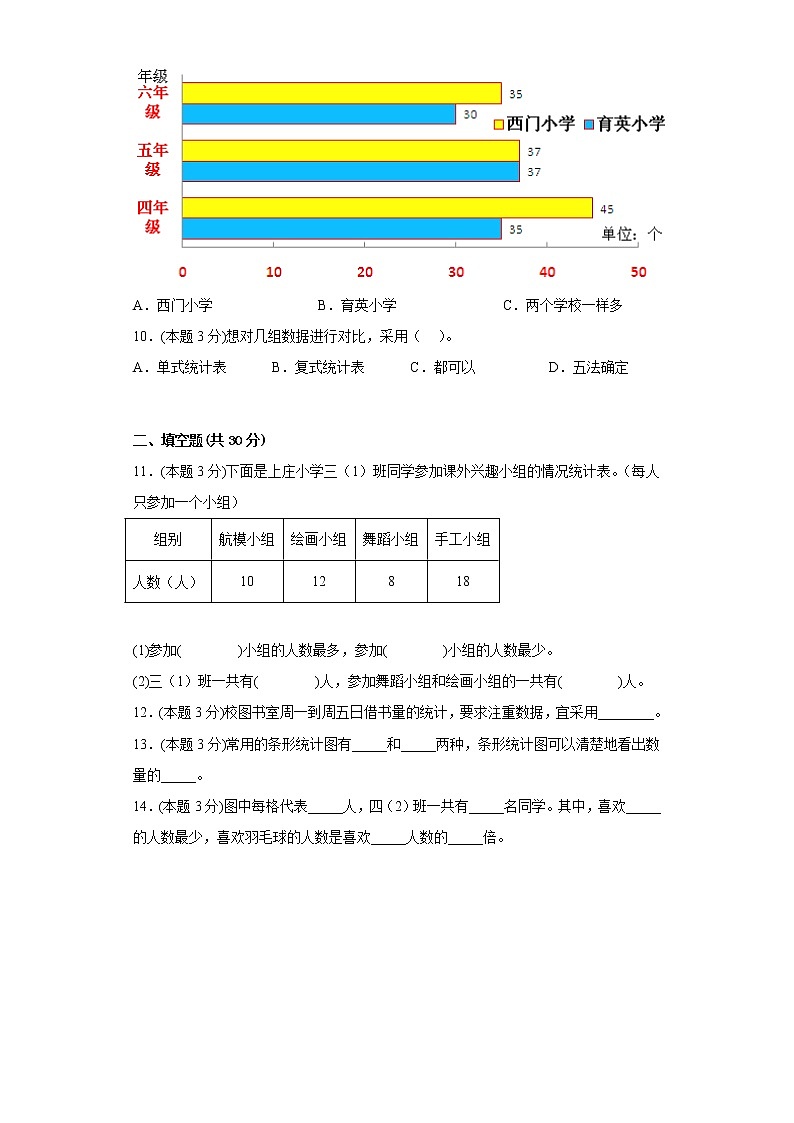 5.数据的收集和整理提升专练冀教版数学三年级下册第3页