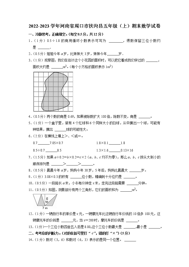 河南省周口市扶沟县2022-2023学年五年级上学期期末数学试卷01