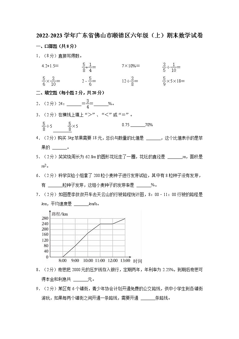 2022-2023学年广东省佛山市顺德区六年级（上）期末数学试卷01