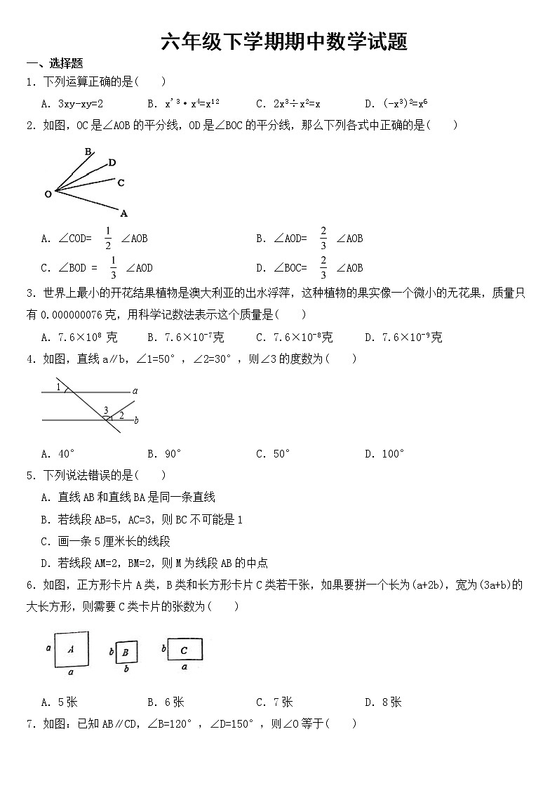 山东省泰安市肥城市2023年六年级下学期期中数学试题【含答案】01