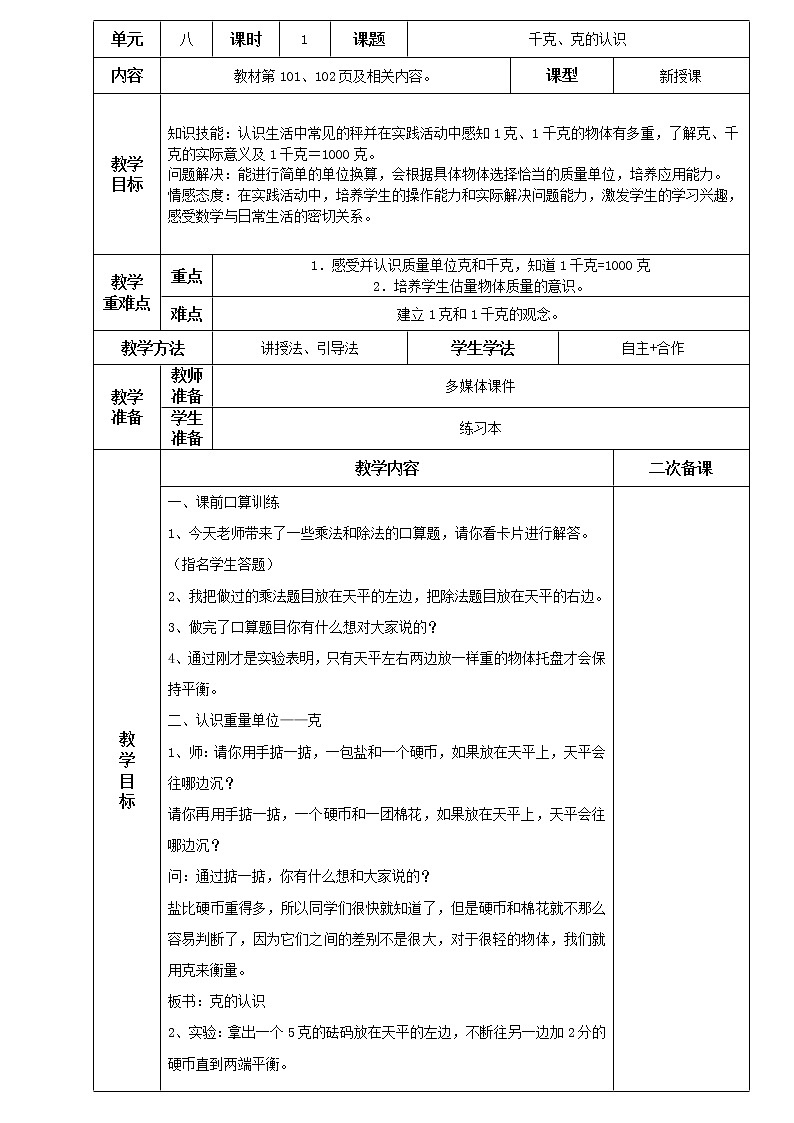 人教版小学二年级下册数学教案-8.1 千克、克的认识（含二次备课）第1页