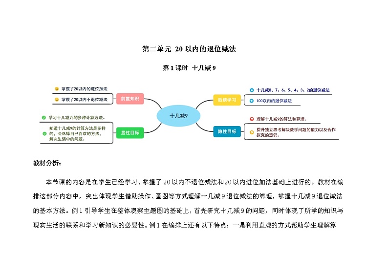 人教版小学数学一年级下册第二单元第1课时《十几减9》示范课教案第1页