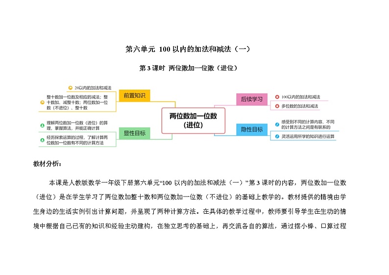 人教版小学数学一年级下册第六单元第3课时《两位数加一位数（进位）》示范课教案第1页