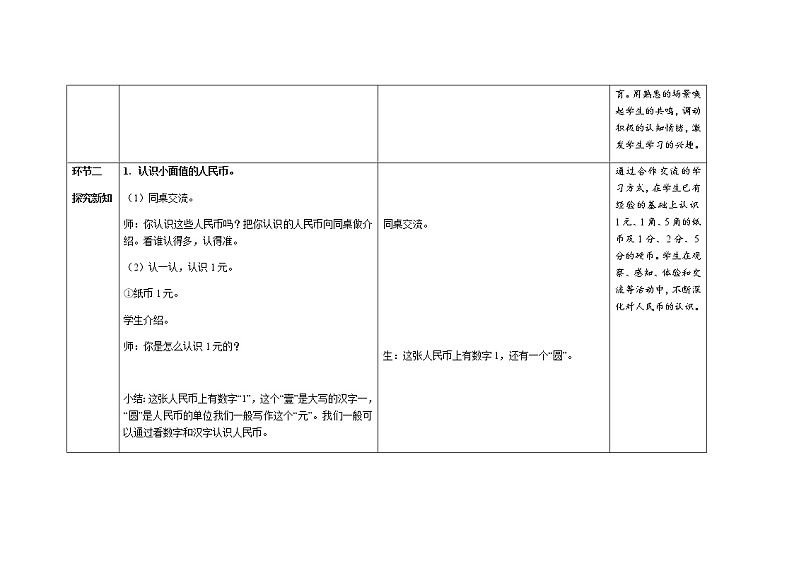人教版小学数学一年级下册第五单元第1课时《认识1元及1元以下人民币》示范课教案第3页
