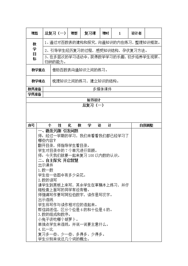 数学人教版一年级下册总复习（一）教案01