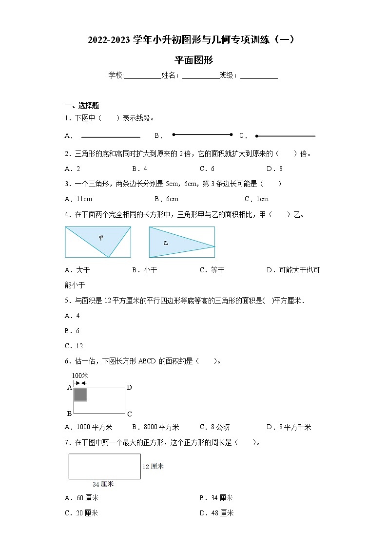 【挑战小升初100分】小升初图形与几何专项训练（1）平面图形 全国通用（含答案）第1页