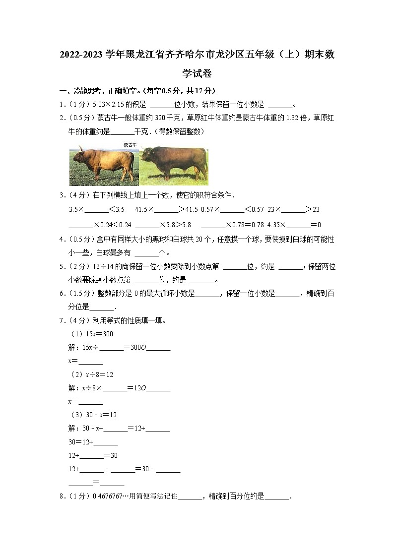 黑龙江省齐齐哈尔市龙沙区2022-2023学年五年级上学期期末数学试卷第1页