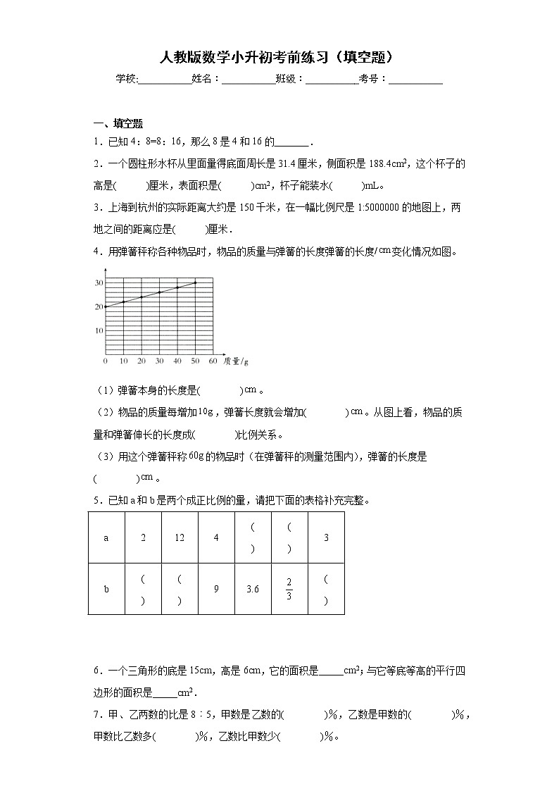 人教版数学小升初考前练习（填空题）第1页