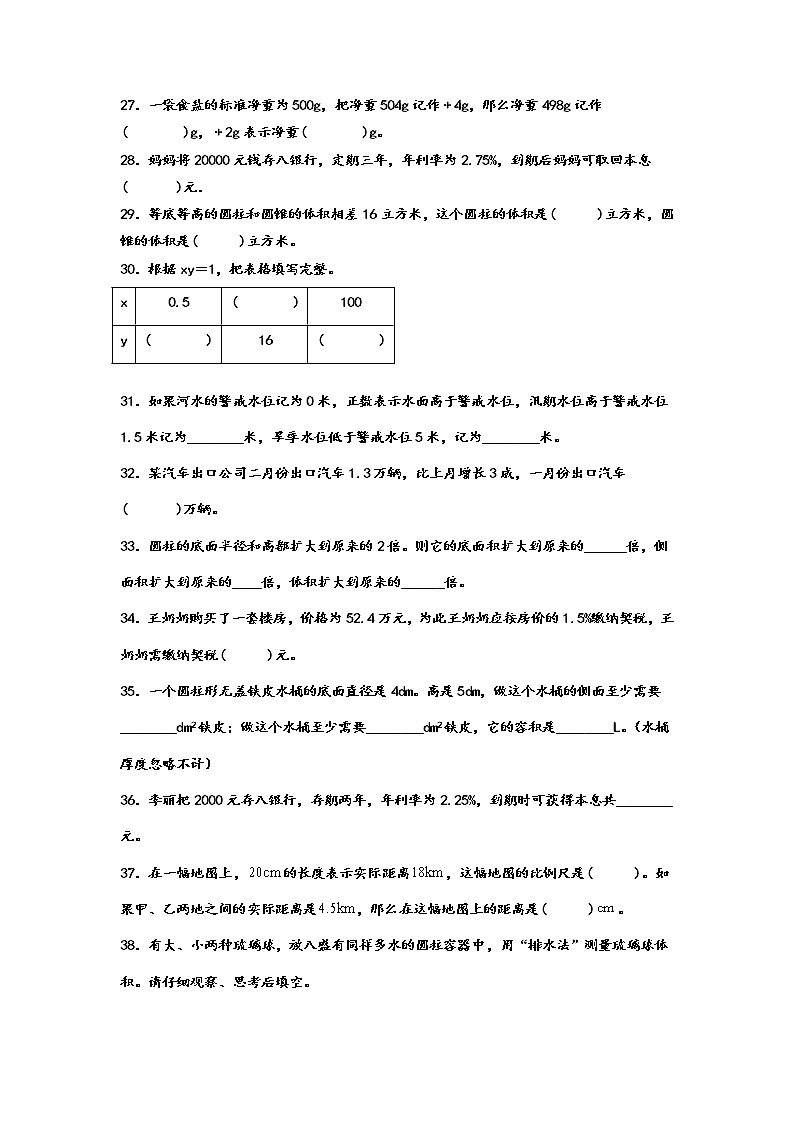 期中复习填空题（试题）-六年级下册数学人教版第3页