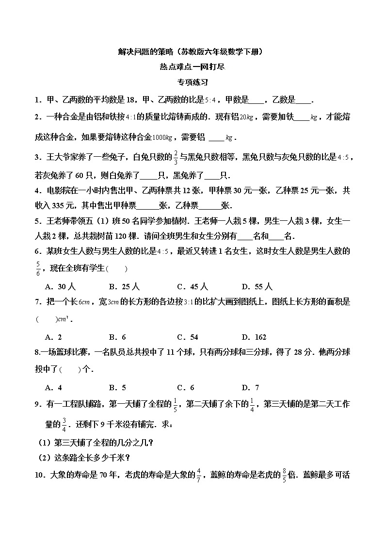 苏教版六年级数学下册解决问题策略的热点难点题型第1页