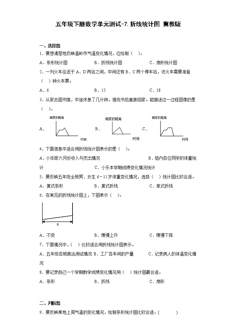 五年级下册数学单元测试-7.折线统计图 冀教版（含答案）第1页