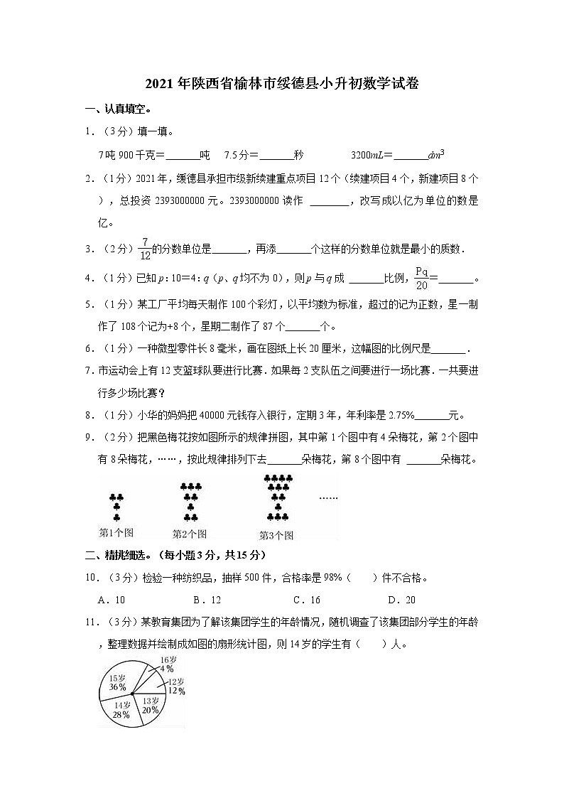 2021年陕西省榆林市绥德县小升初数学试卷01