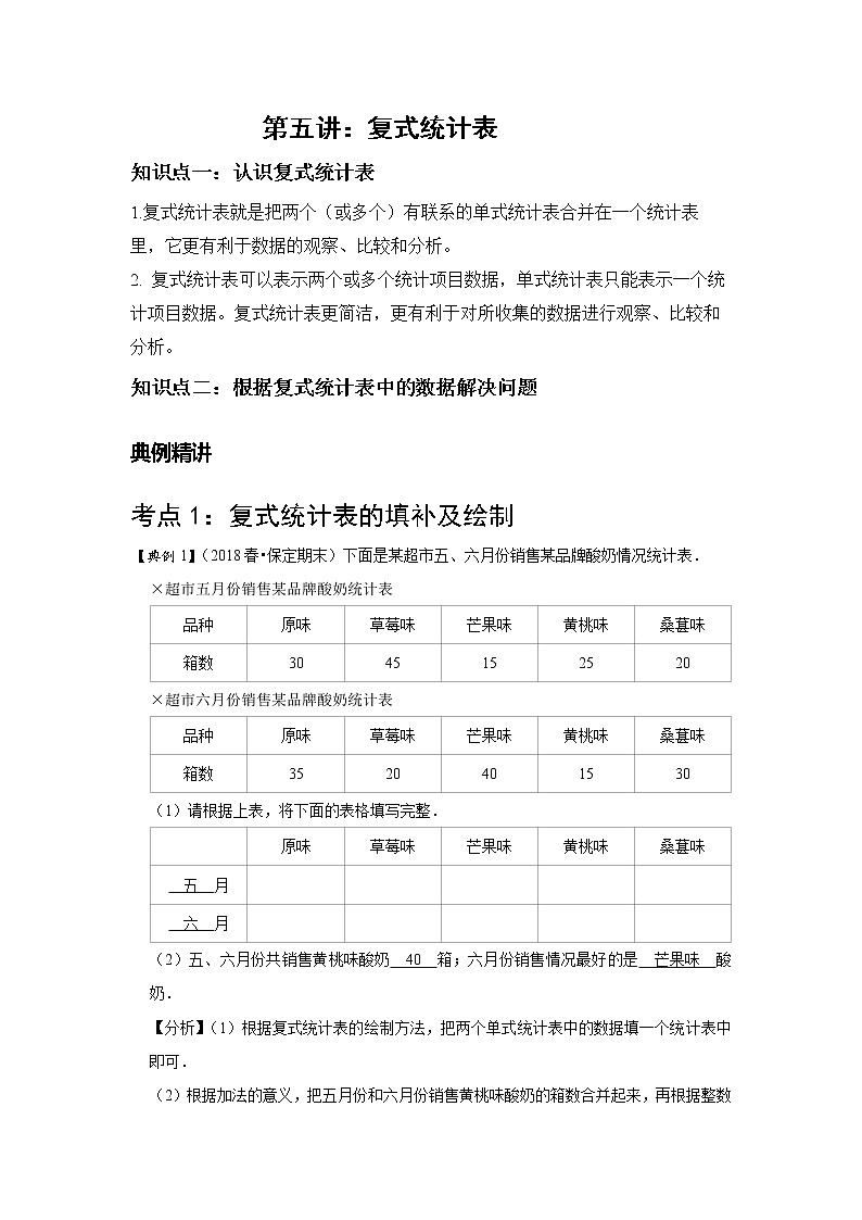 小学三年级下册（人教版）数学讲义  05 A 春季三年级 第五讲 复式统计表 基础版 教师版（教师版）第1页