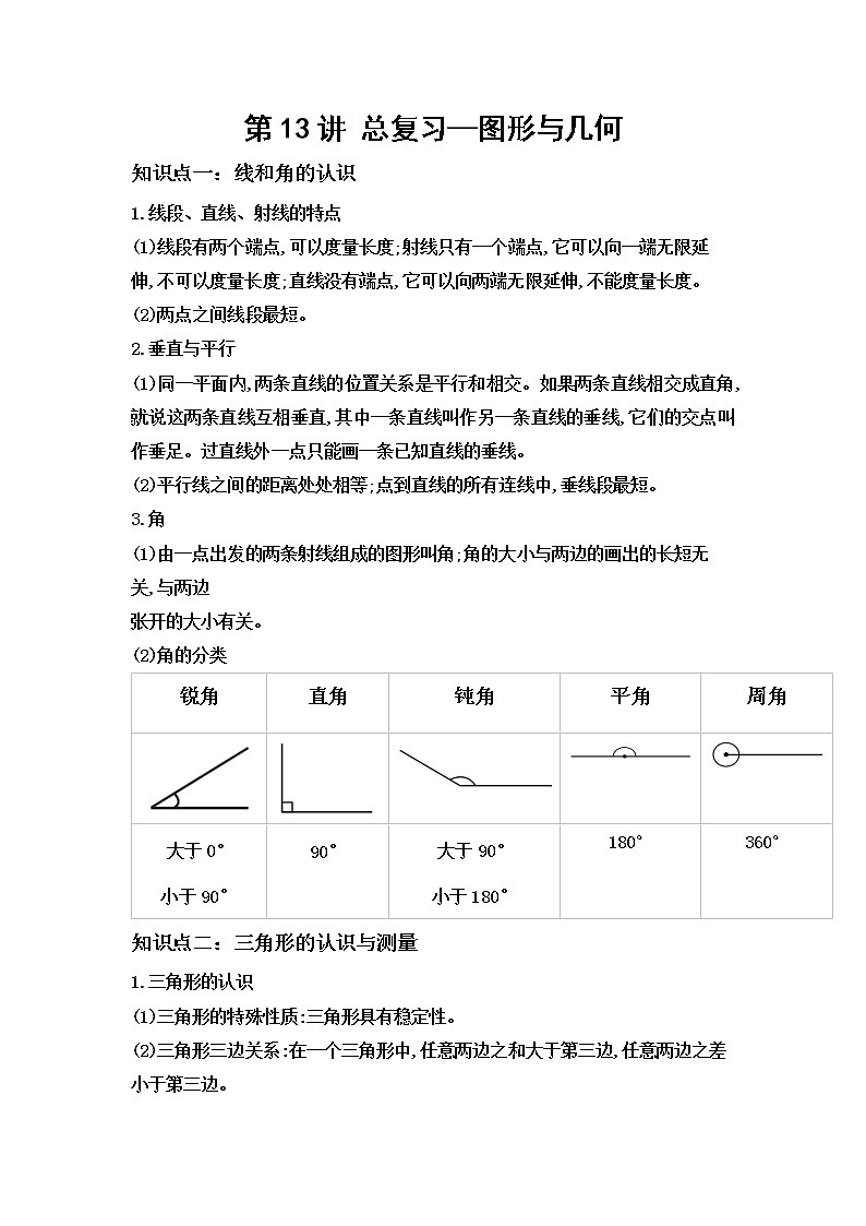 小学六年级下册（人教版）数学讲义  13 A 春季六年级 第十三讲 总复习—图形与几何 基础版01
