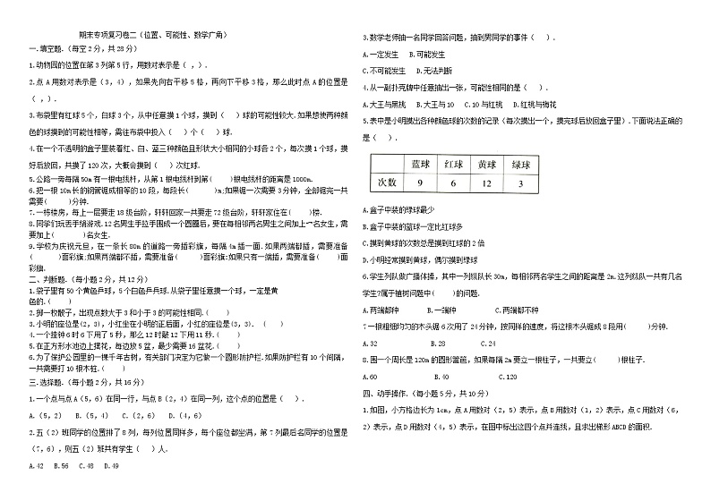 人教版五年级上册数学期末专项复习卷二（位置、可能性、数学广角）01