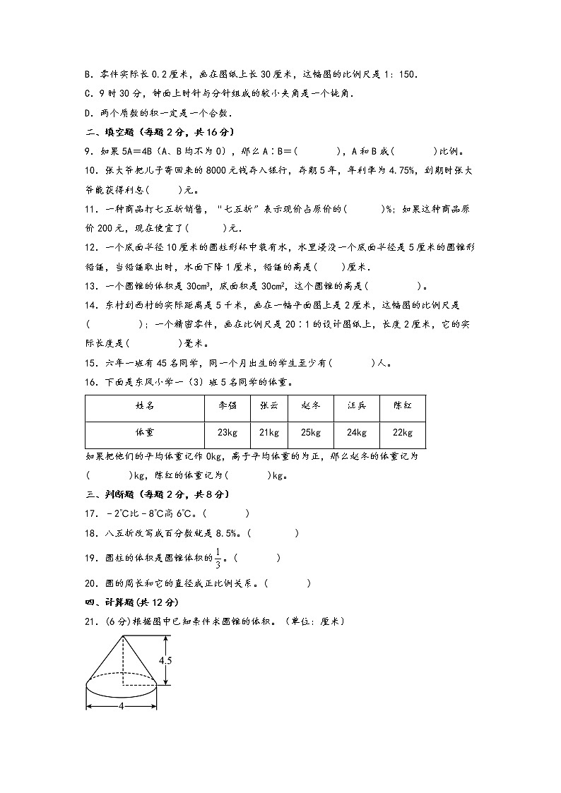 期中重难点易错真题专项突破（拔高卷）-2022-2023学年六年级下册数学期中复习常考易错题（人教版）第2页