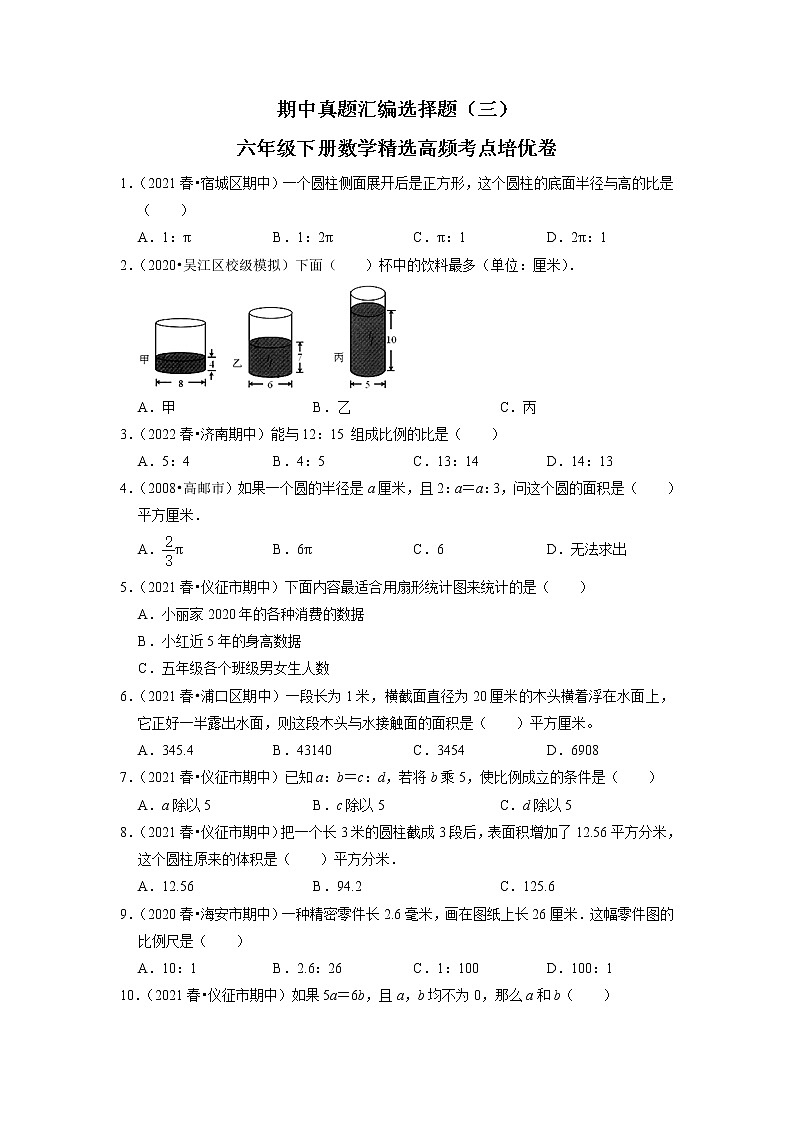 【备考2023期中】期中真题汇编选择题（三）-六年级下册数学精选高频考点培优卷01