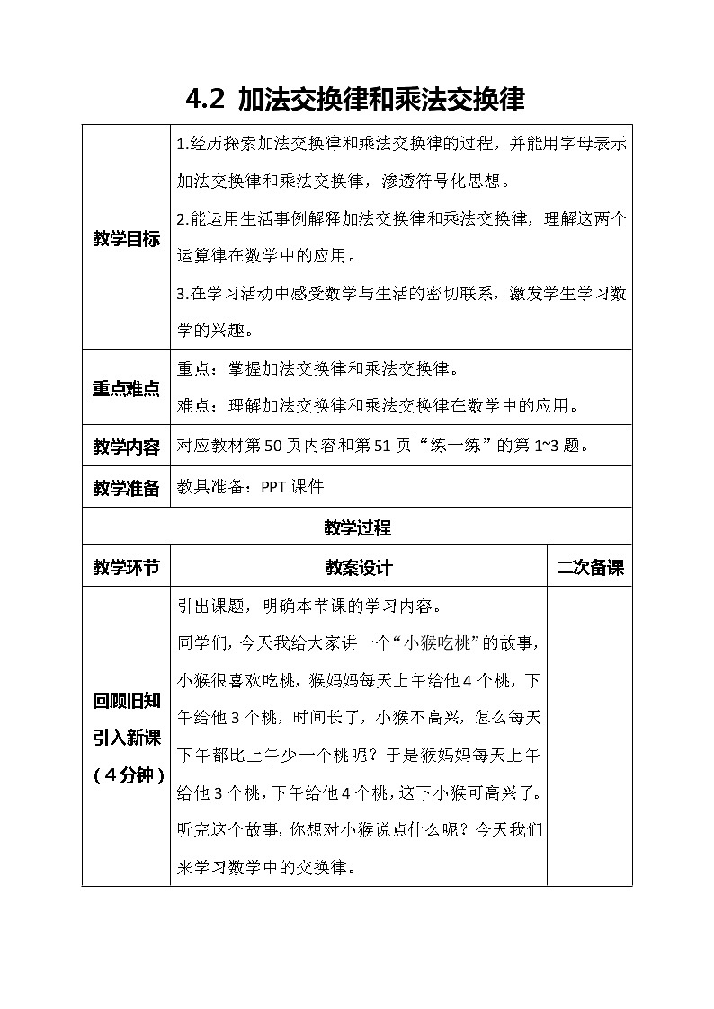 北师大版数学四年级上册-4.2 加法交换律和乘法交换律（课件+教案+学案+习题）01