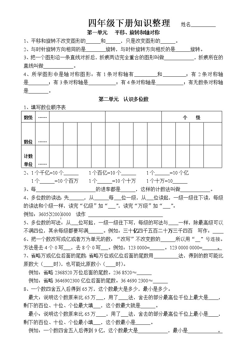 苏教版数学四年级下册知识点（填空）第1页