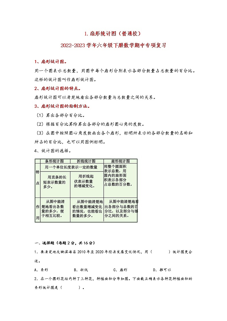 2022-2023学年苏教版数学六年级下册期中专题复习——1.扇形统计图（含答案）01