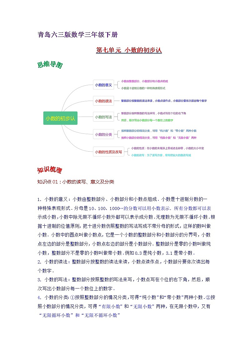 2022-2023学年青岛六三版数学三年级下册单元复习精讲精练：第七单元  小数的初步认（学生版） 第1页