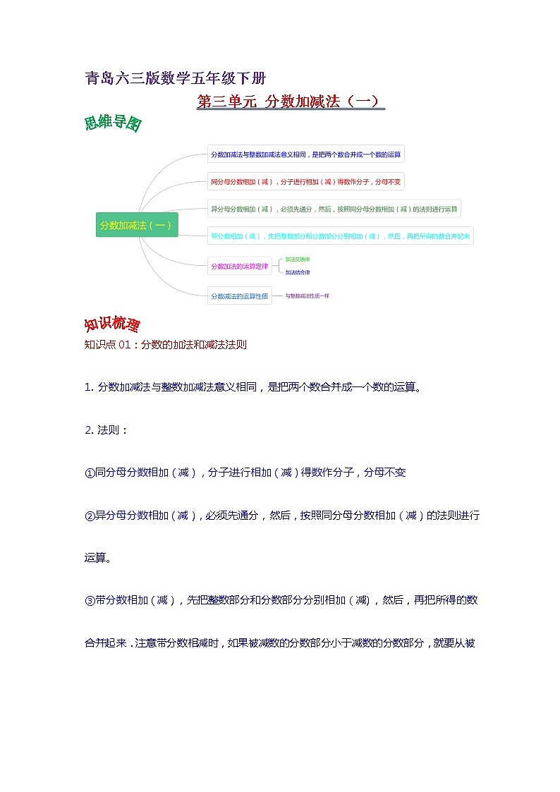 2022-2023学年青岛六三版数学五年级下册单元复习精讲精练：第三单元  分数加减法（一） （教师版+学生版）01