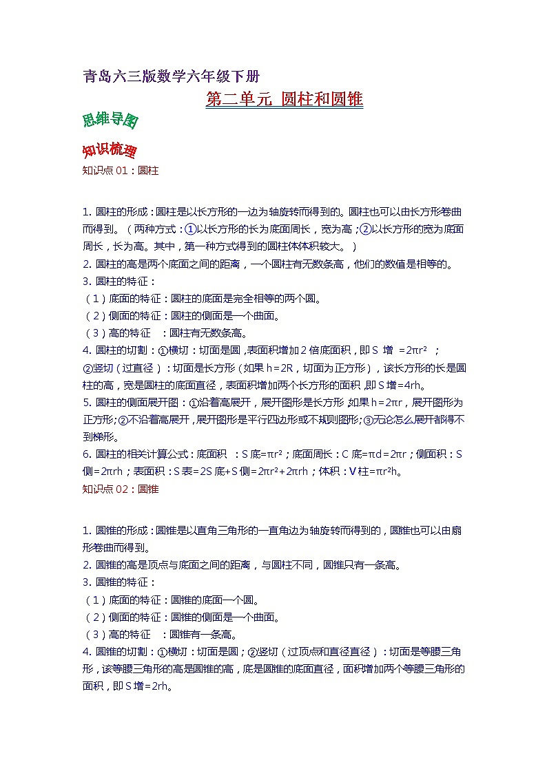 2022-2023学年青岛六三版数学六年级下册单元复习精讲精练：第二单元  圆柱和圆锥 （教师版+学生版）01