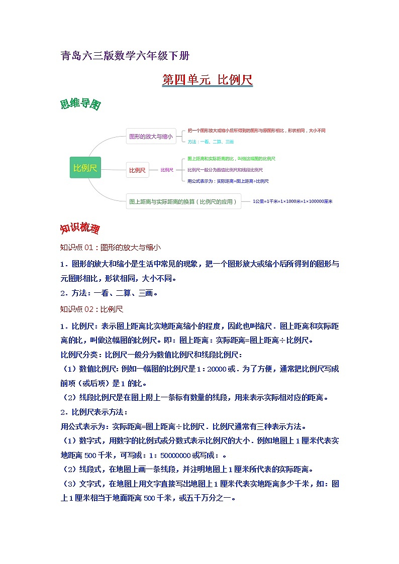 2022-2023学年青岛六三版数学六年级下册单元复习精讲精练：第四单元 比例尺 （教师版+学生版）01