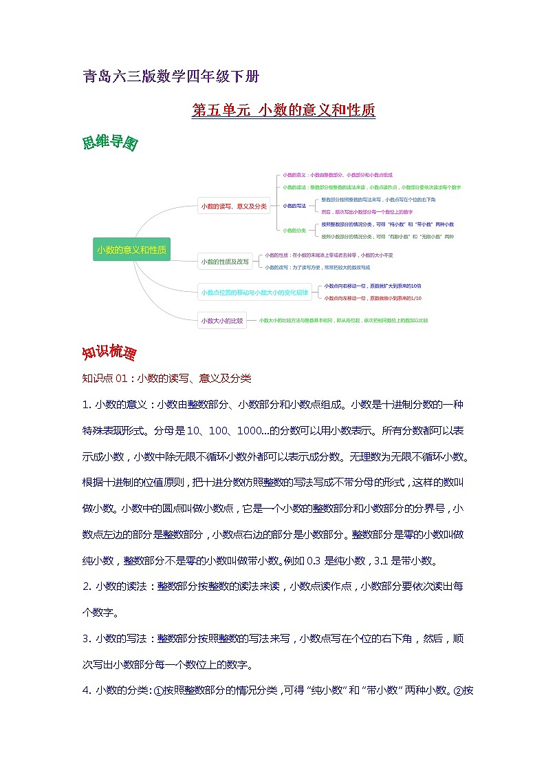 2022-2023学年青岛六三版数学四年级下册单元复习精讲精练：第五单元 小数的意义和性质（学生版） 第1页