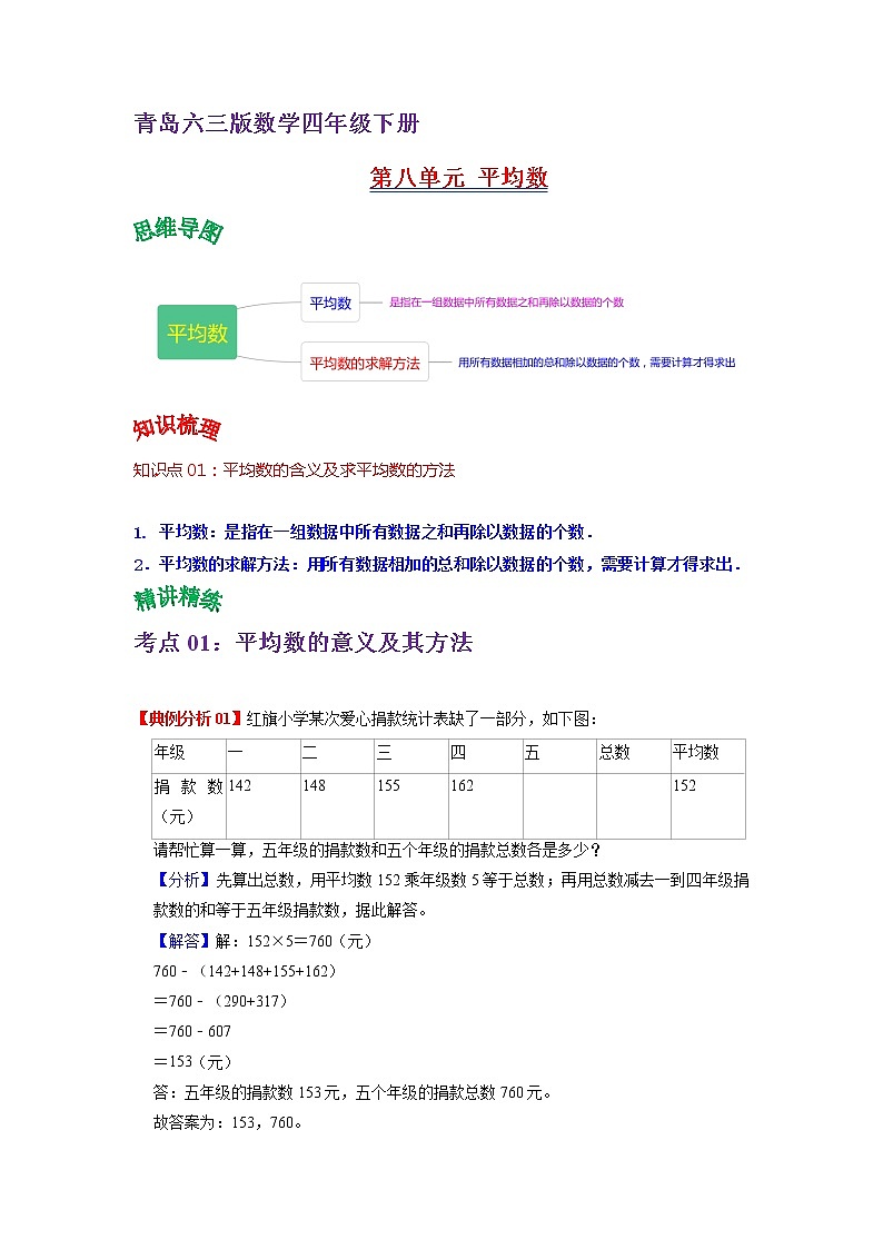 2022-2023学年青岛六三版数学四年级下册单元复习精讲精练：第八单元  平均数（教师版） 第1页