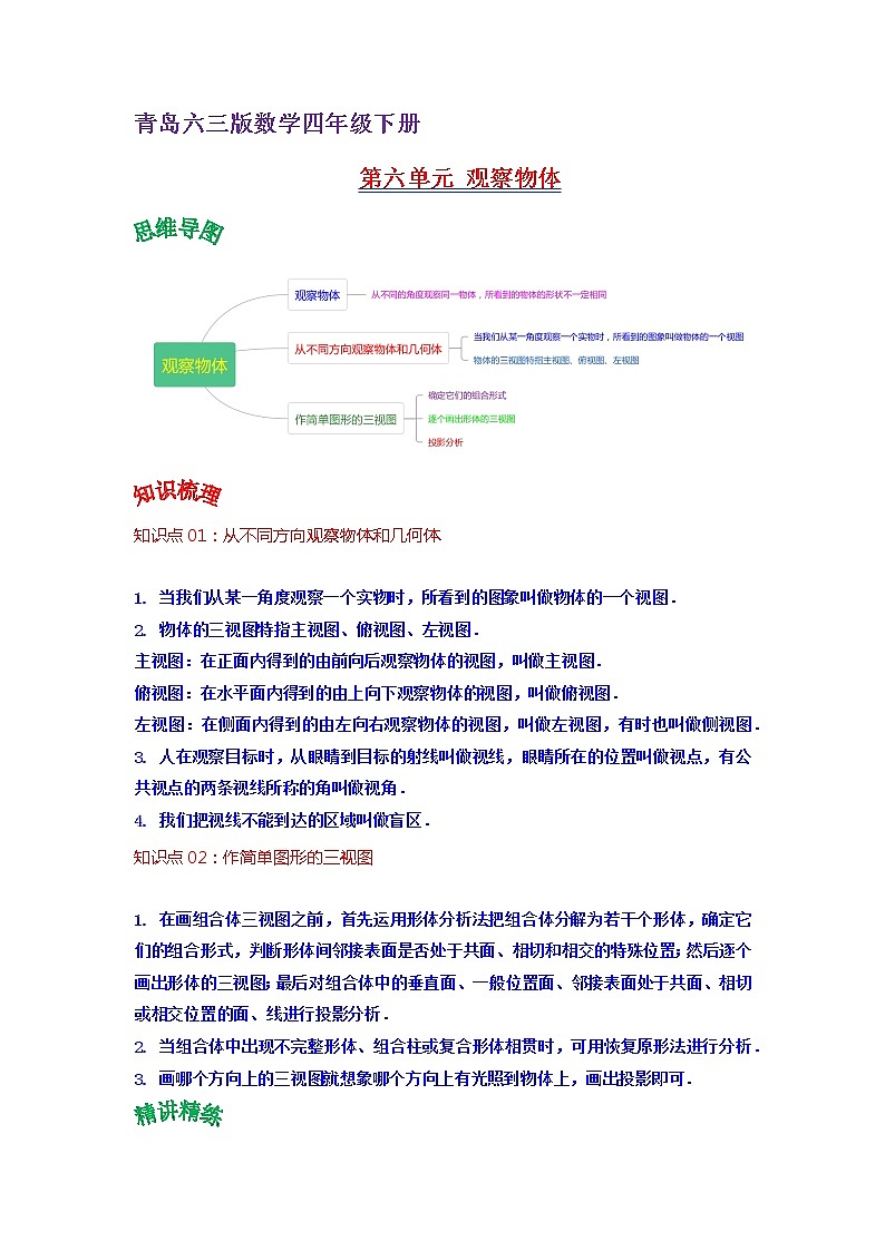 2022-2023学年青岛六三版数学四年级下册单元复习精讲精练：第六单元  观察物体（教师版） 第1页