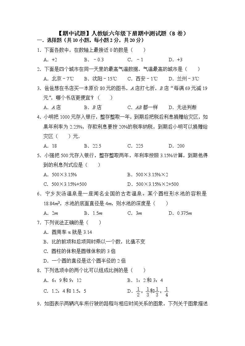 【期中试题】人教版六年级下册数学期中测试题（B卷）01