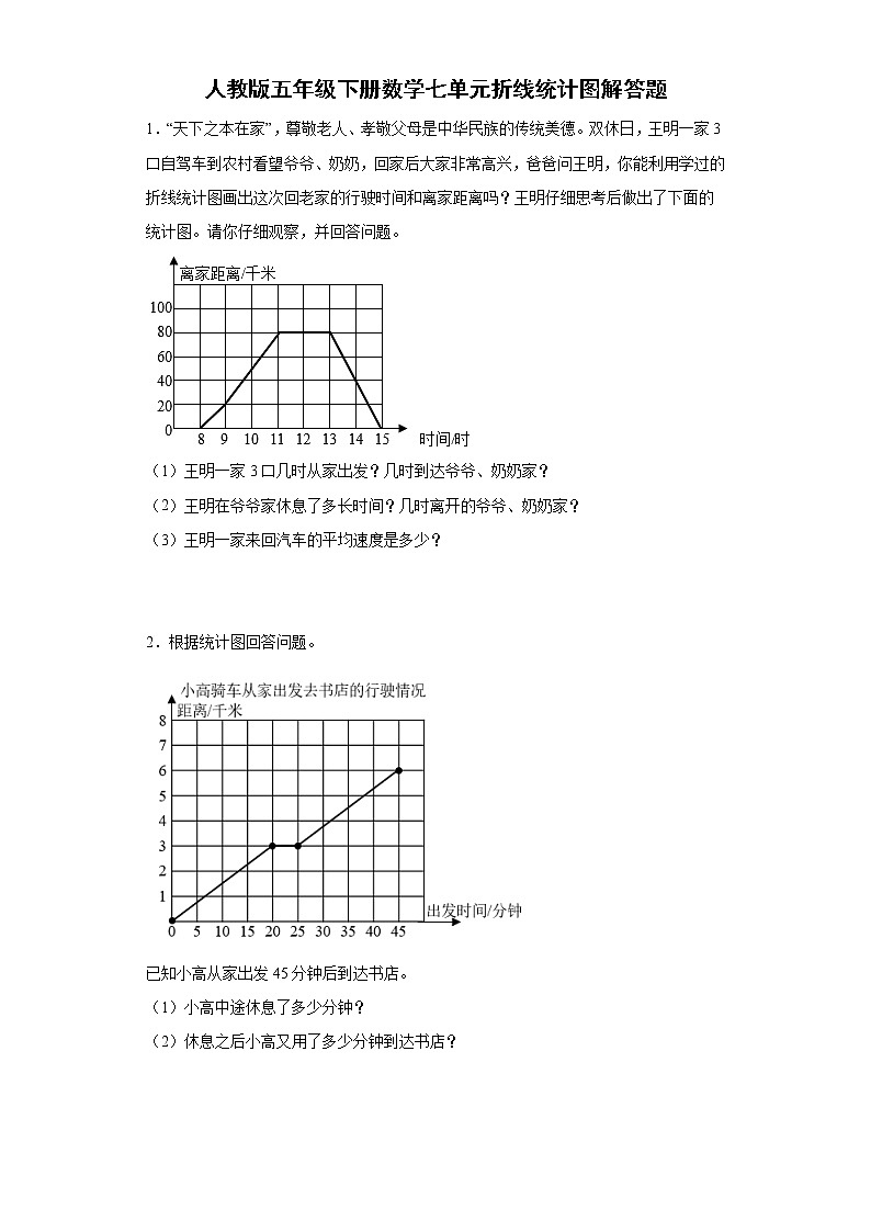 人教版五年级下册数学七单元折线统计图解答题（含答案）第1页