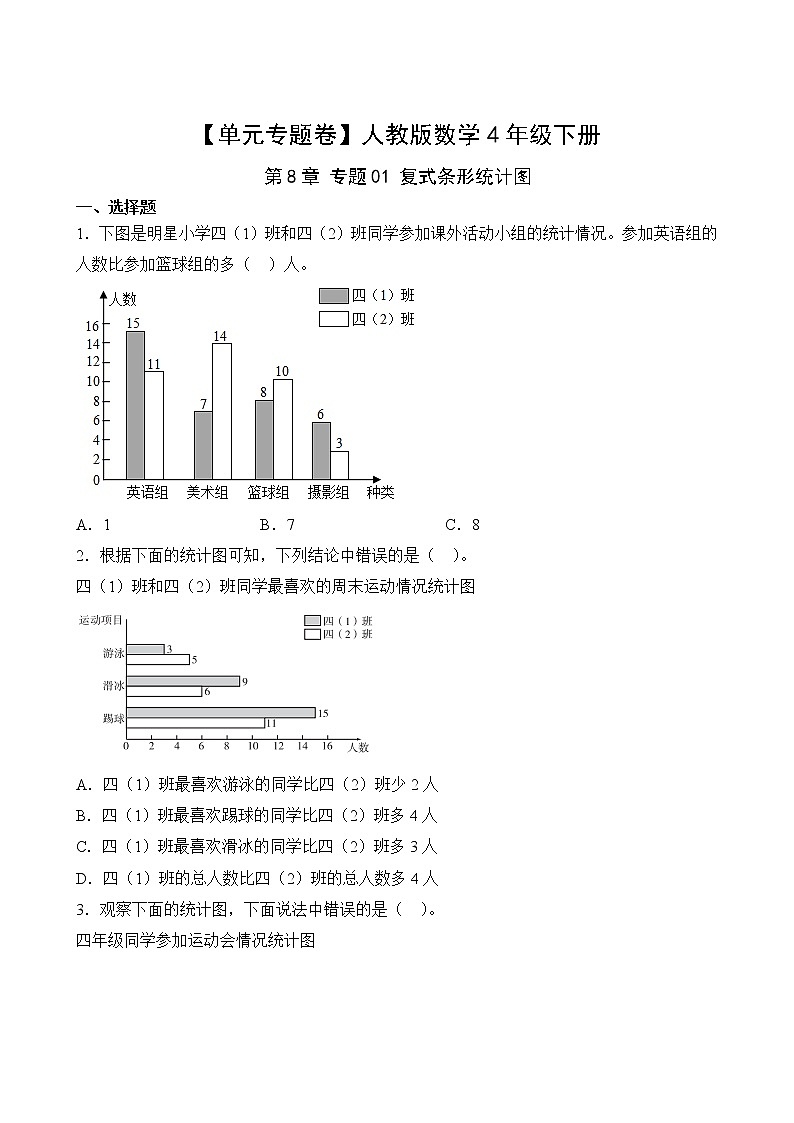 【单元专题卷】人教版数学4年级下册第8章·专题01 复式条形统计图02