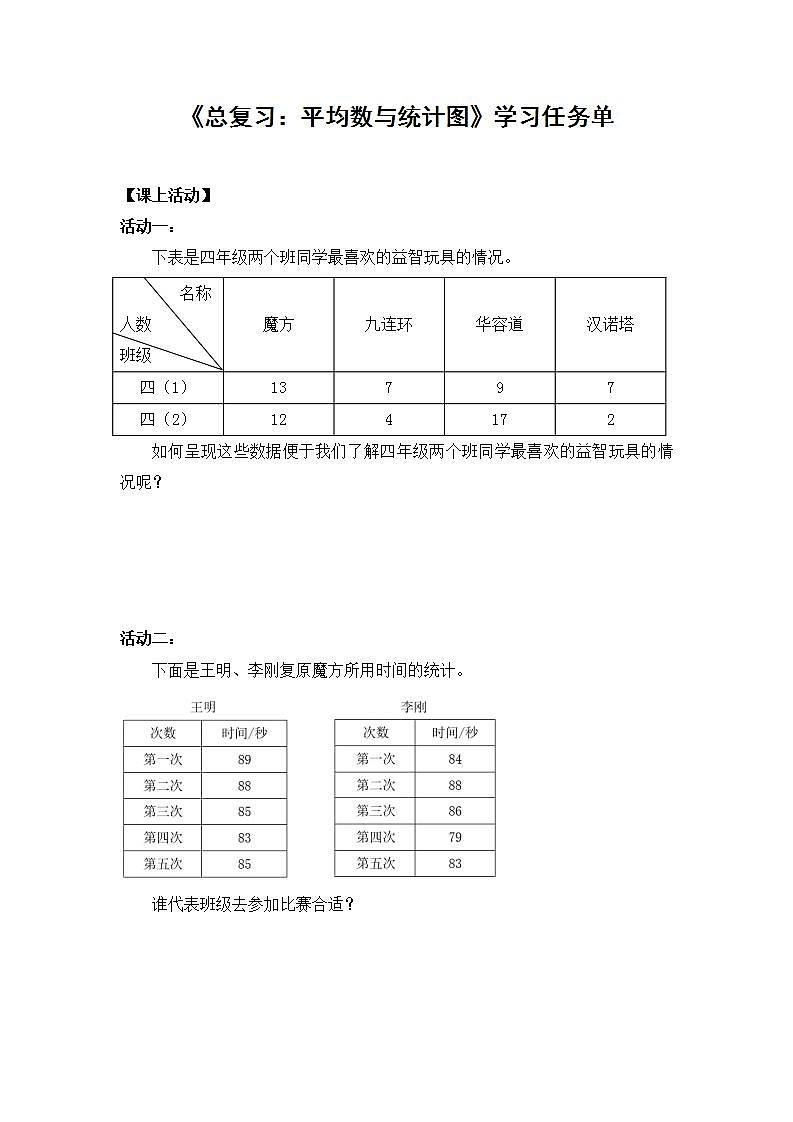 0703【同步配套】四年级下册数学 教案+课件+任务单--总复习：平均数与统计图 人教版01