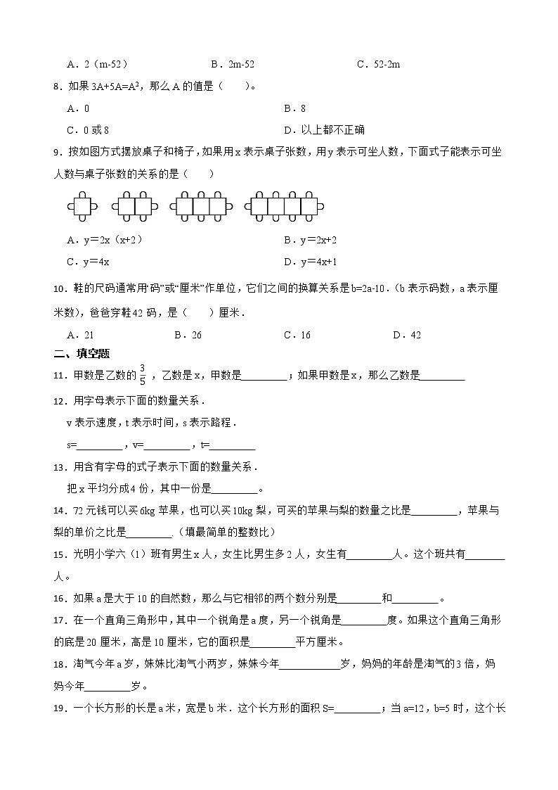 2022-2023学年小升初数学专项备考高频考点一轮复习系列之：式与方程——用字母表示数 试卷练习02