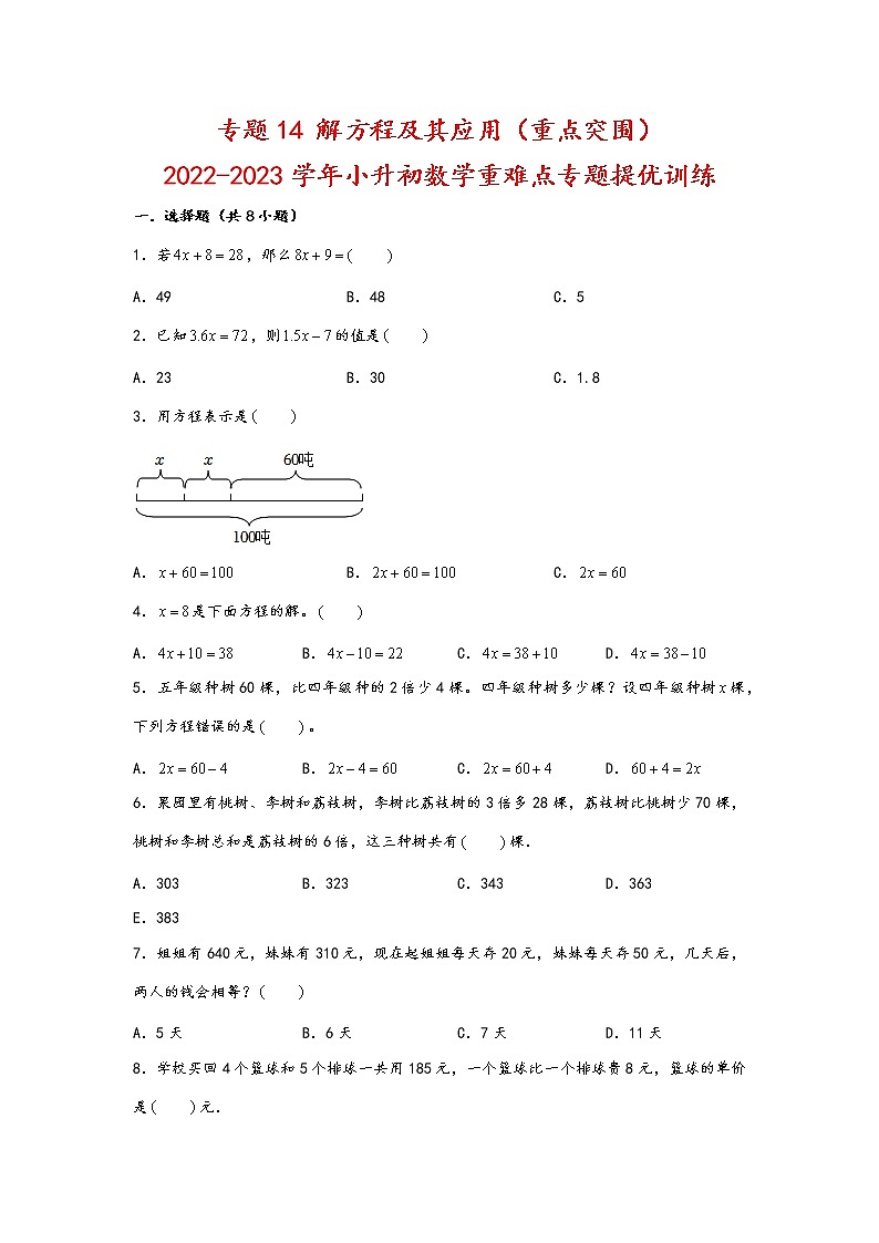 2023年小升初数学重难点专题提优训练  专题14 解方程及其应用（重点突围）第1页