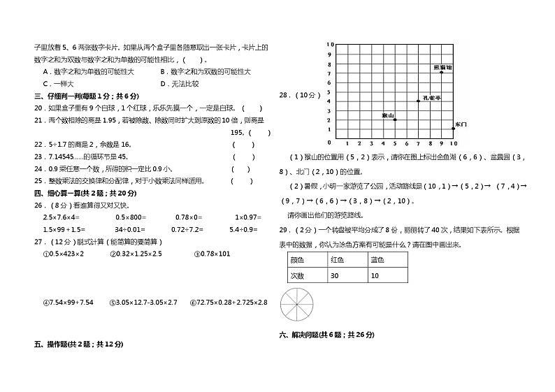人教版五年级上册数学期中试卷1（含答案）第2页