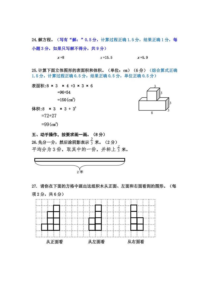 2023年春五年级数学期中检测参考答案及评分标准第2页